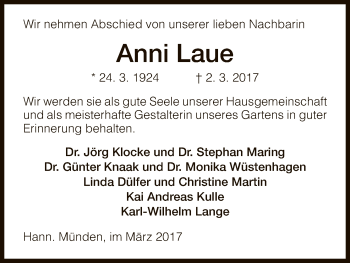 Todesanzeige von Anni Laue von HNA