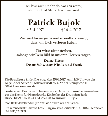 Todesanzeige von Patrick Bujok von HNA