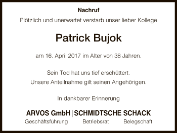 Todesanzeige von Patrick Bujok von HNA