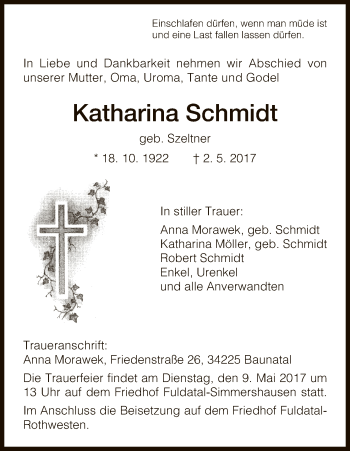 Todesanzeige von Katharina Schmidt von HNA