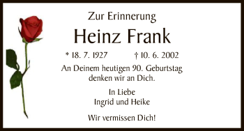 Todesanzeige von Heinz Frank von HNA