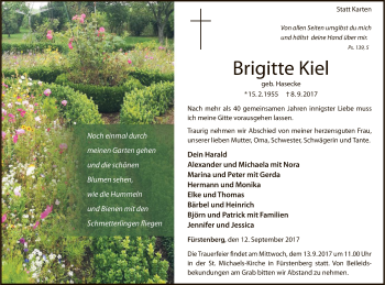 Todesanzeige von Brigitte Kiel von HNA