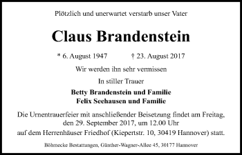 Todesanzeige von Claus Brandenstein von HNA