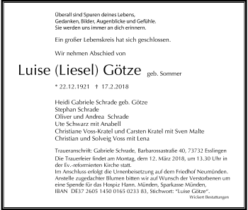 Todesanzeige von Luise Götze von HNA