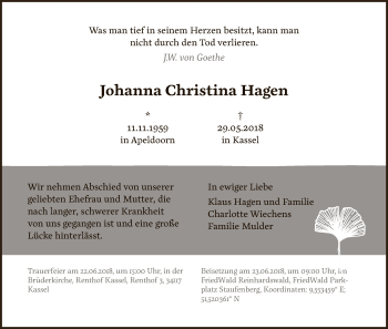 Todesanzeige von Johanna Christina Hagen von HNA