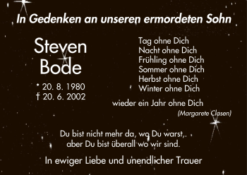 Todesanzeige von Steven Bode von HNA