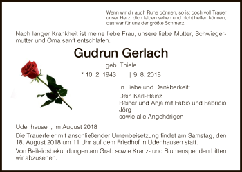 Todesanzeige von Gudrun Gerlach von HNA