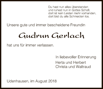 Todesanzeige von Gudrun Gerlach von HNA
