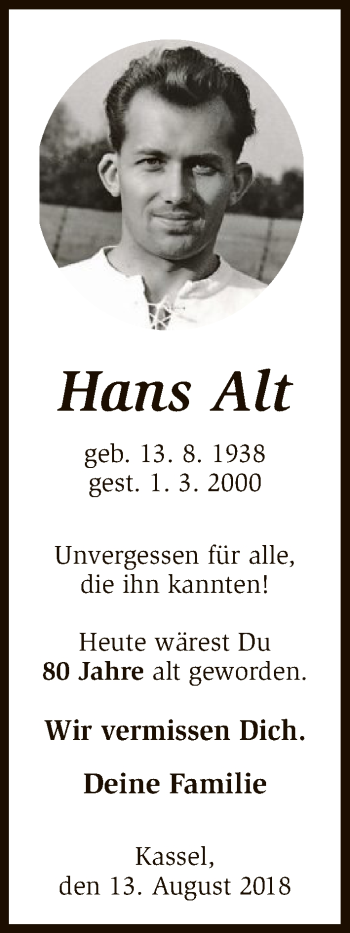 Todesanzeige von Hans Alt von HNA