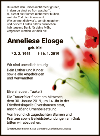 Todesanzeige von Anneliese Elosge von HNA