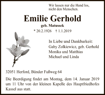 Todesanzeige von Emilie Gerhold von HNA