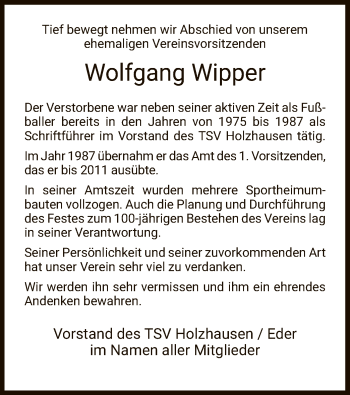 Todesanzeige von Wolfgang Wipper von HNA