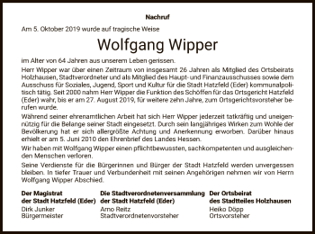 Todesanzeige von Wolfgang Wipper von HNA