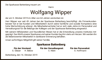 Todesanzeige von Wolfgang Wipper von HNA