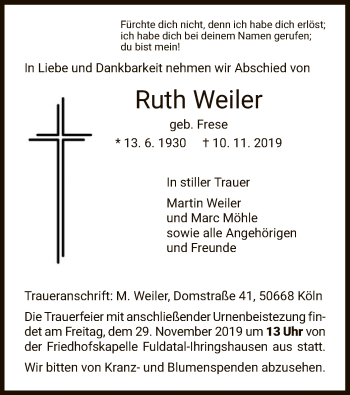 Todesanzeige von Ruth Weiler von HNA