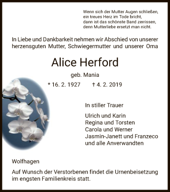 Todesanzeige von Alice Herford von HNA