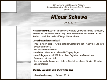 Todesanzeige von Hilmar Schewe von HNA