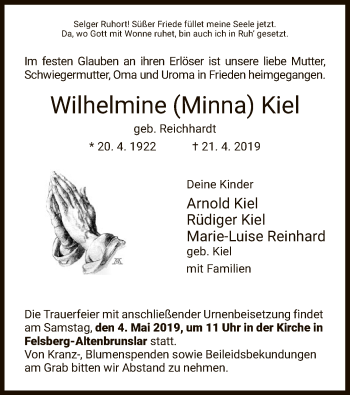 Todesanzeige von Wilhelmine Kiel von HNA
