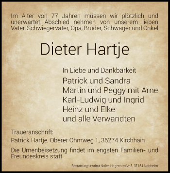 Todesanzeige von Dieter Hartje von HNA