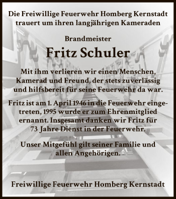 Todesanzeige von Fritz Schuler von HNA