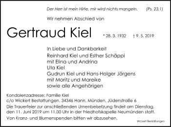 Todesanzeige von Gertraud Kiel von HNA