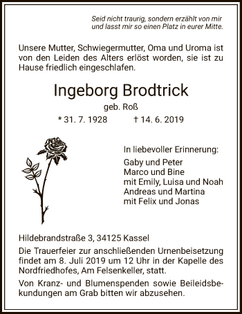 Todesanzeige von Ingeborg Brodtrick von HNA