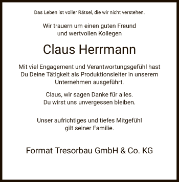 Todesanzeige von Claus Herrmann von HNA