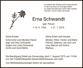 Todesanzeige von Erna Schwandt von HNA
