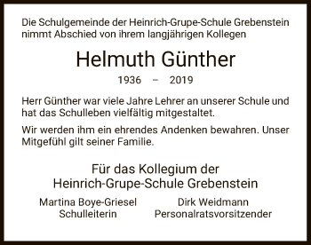 Todesanzeige von Helmuth Günther von HNA