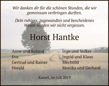 Todesanzeige von Horst Hantke von HNA