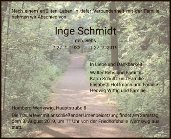Todesanzeige von Inge Schmidt von HNA