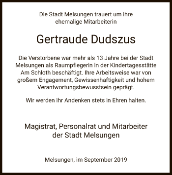 Todesanzeige von Gertraude Dudszus von HNA