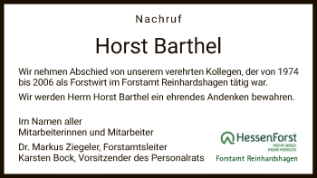 Todesanzeige von Horst Barthel von HNA