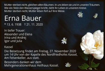 Todesanzeige von Erna Bauer von HNA