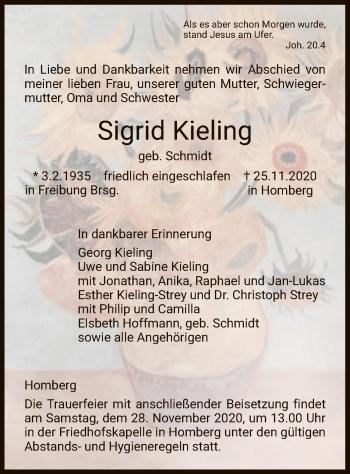 Todesanzeige von Sigrid Kieling von HNA