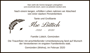 Todesanzeige von Ilse Lüttich von HNA