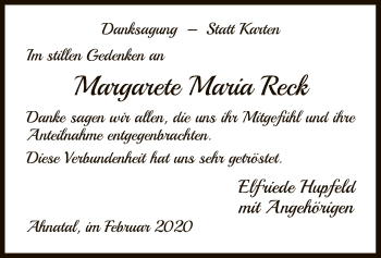 Todesanzeige von Margarete Maria Reck von HNA