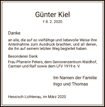 Todesanzeige von Günter Kiel von HNA