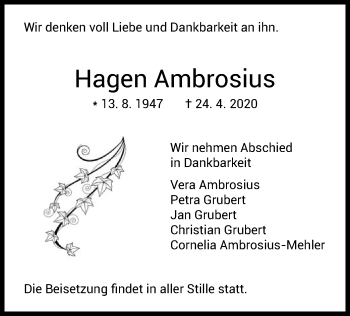 Todesanzeige von Hagen Ambrosius von HNA