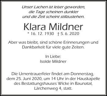 Todesanzeige von Klara Mildner von HNA