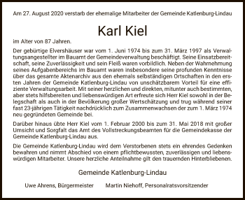 Todesanzeige von Karl Kiel von HNA