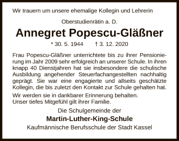 Todesanzeige von Annegret Popescu-Gläßner von HNA