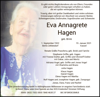 Todesanzeige von Eva Annagrete Hagen von HNA