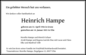 Todesanzeige von Heinrich Hampe von HNA