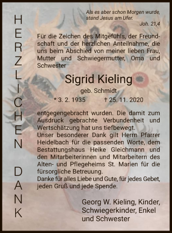 Todesanzeige von Sigrid Kieling von HNA