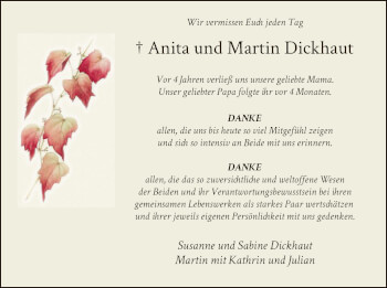 Todesanzeige von Anita und Martin Dickhaut von HNA