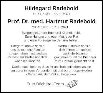 Todesanzeige von Hildegard und Hartmut Radebold von HNA