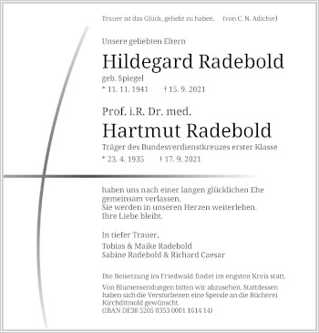 Todesanzeige von Hildegard und Hartmut Radebold von HNA