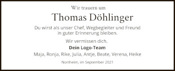 Todesanzeige von Thomas Döhlinger von HNA