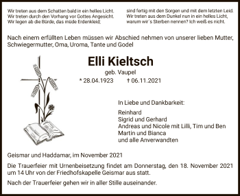 Todesanzeige von Elli Kieltsch von HNA